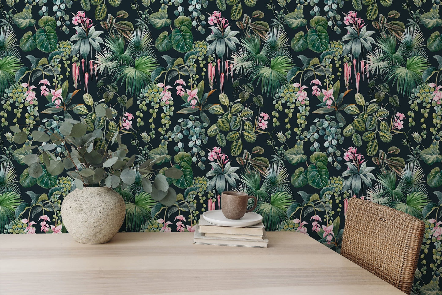 Vibrant botanical wallpaper mural for a contemporary reading area.