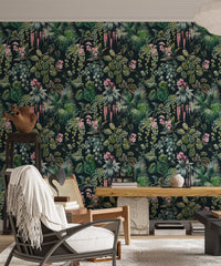 Nature-inspired wallpaper mural in a minimalist living room.