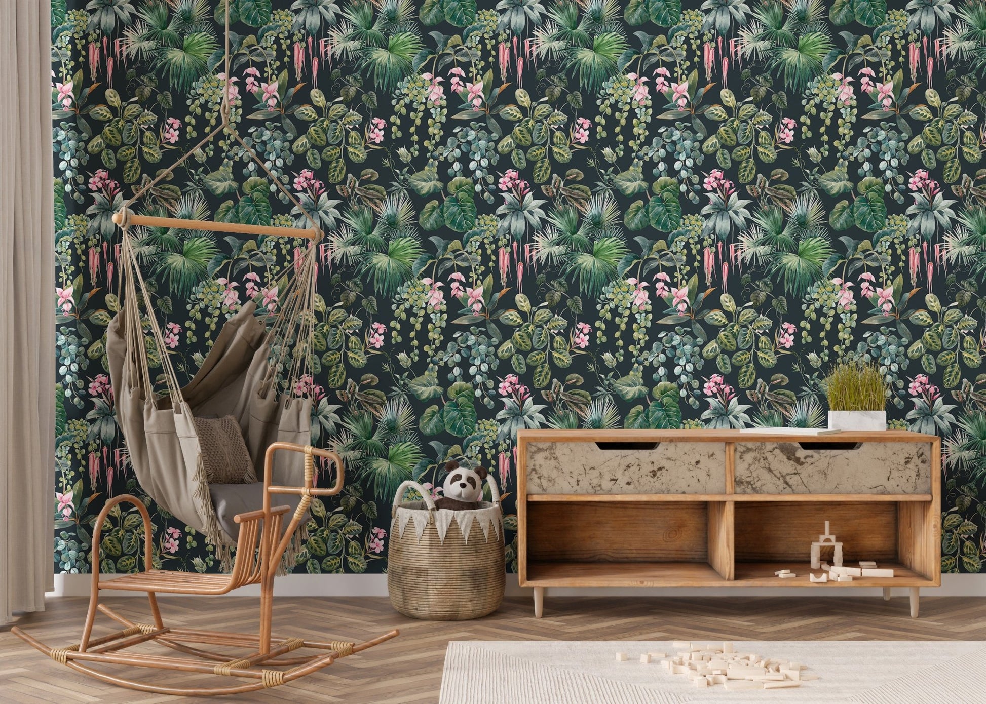 Tropical Pattern Jungle Flower Wallpaper in a kids room setting.