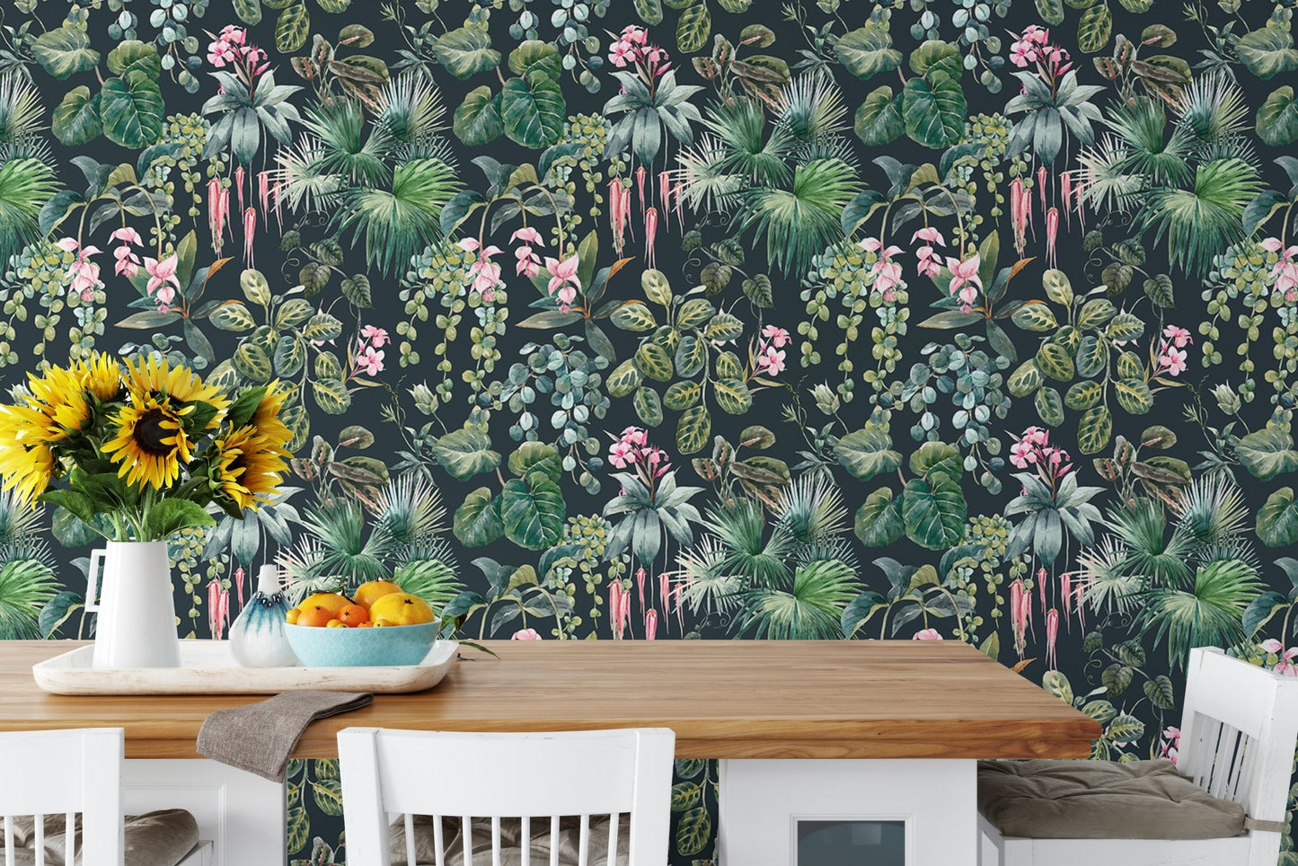 Dining room wallpaper mural featuring a tropical flower pattern.