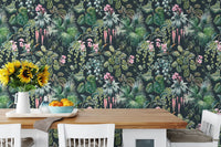 Dining room wallpaper mural featuring a tropical flower pattern.