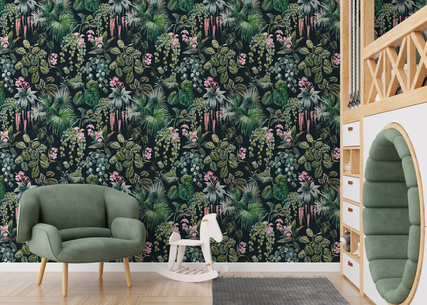 Tropical Pattern Jungle Flower Wallpaper for a cozy nursery area.