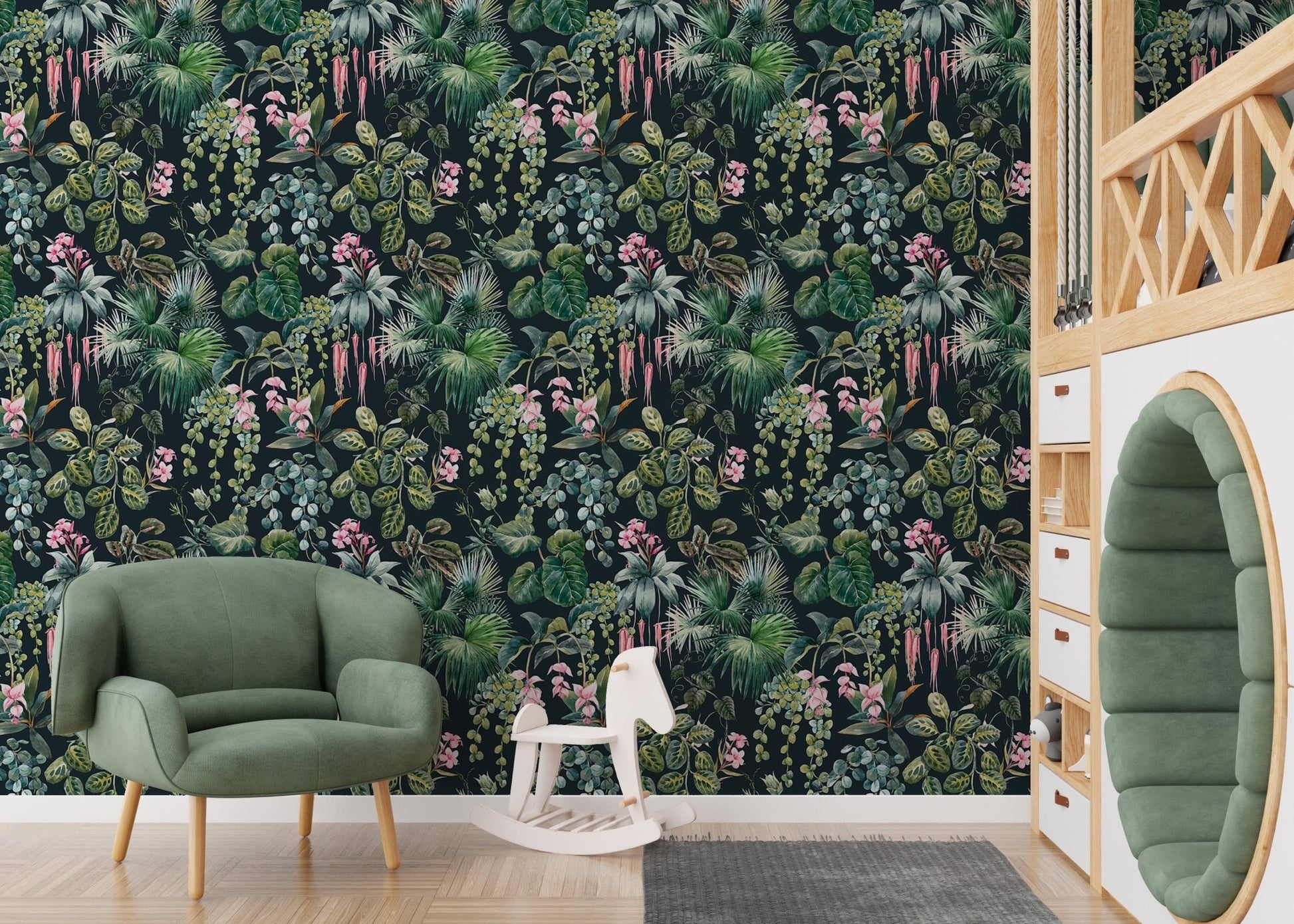 Tropical Pattern Jungle Flower Wallpaper for a cozy nursery area.