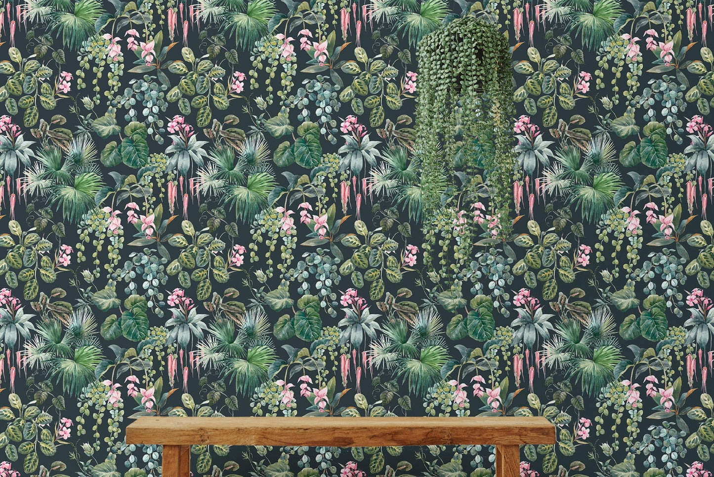 Dark background jungle wallpaper mural with vibrant flowers.
