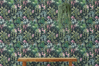 Dark background jungle wallpaper mural with vibrant flowers.