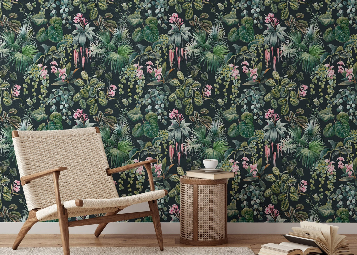 Reading room wallpaper with a bold jungle and flower motif.