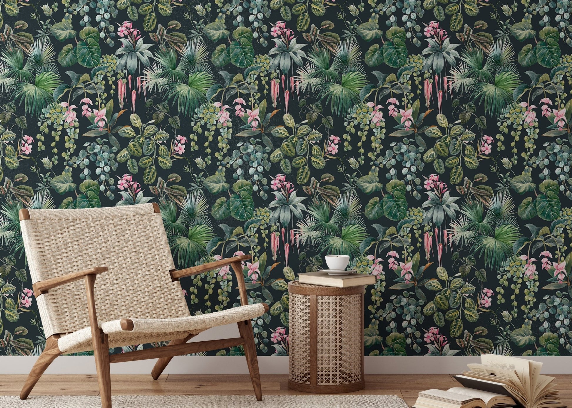 Reading room wallpaper with a bold jungle and flower motif.