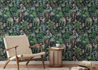 Reading room wallpaper with a bold jungle and flower motif.