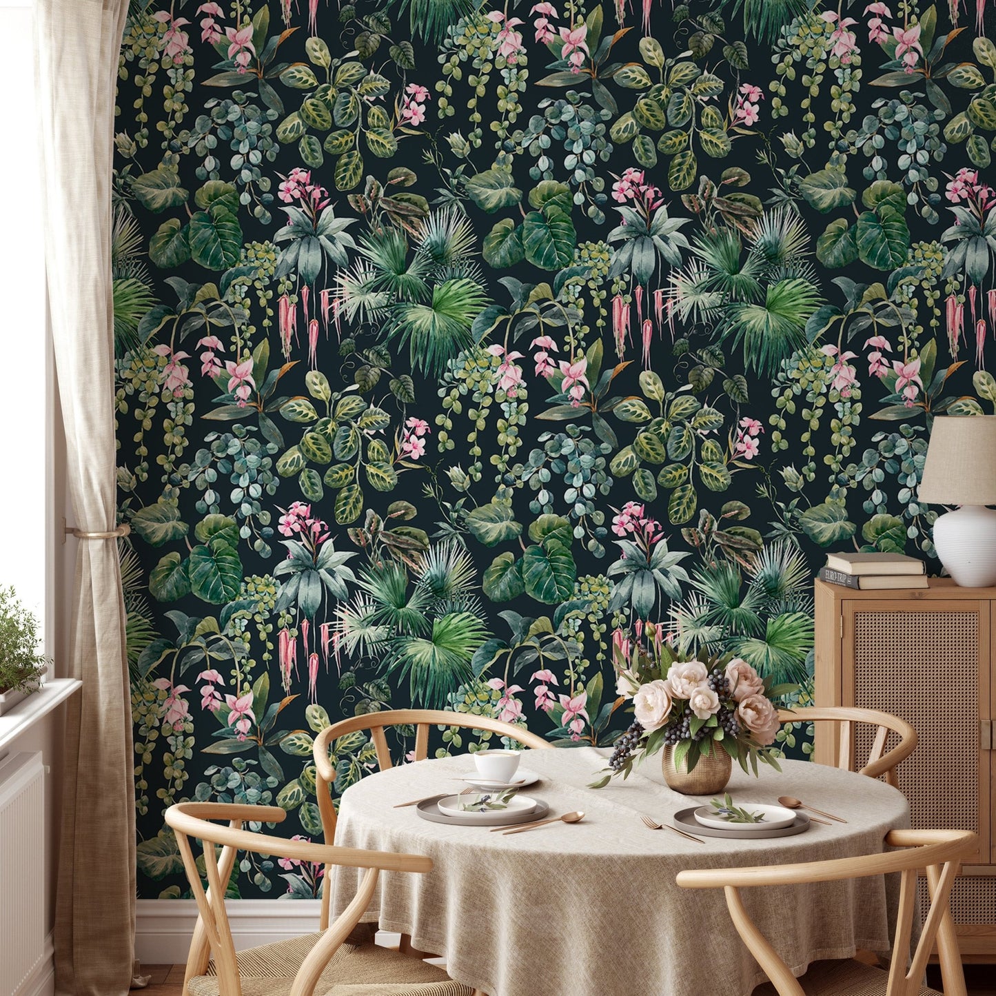 Tropical Pattern Jungle Flower Wallpaper used in a dining nook.