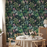 Tropical Pattern Jungle Flower Wallpaper used in a dining nook.