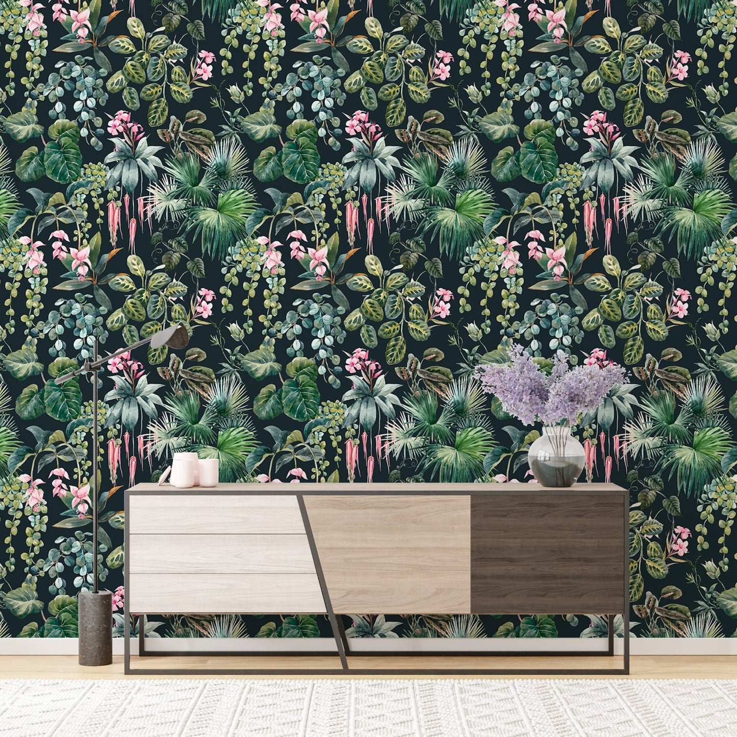 Living space feature wall with Jungle Flower Wallpaper.