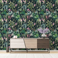 Living space feature wall with Jungle Flower Wallpaper.