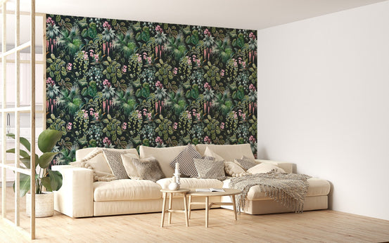 Living room wallpaper mural featuring a tropical flower pattern.