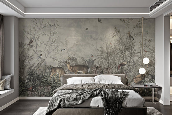 Tropical forest mural with Turkish rooster and wildlife in bedroom.