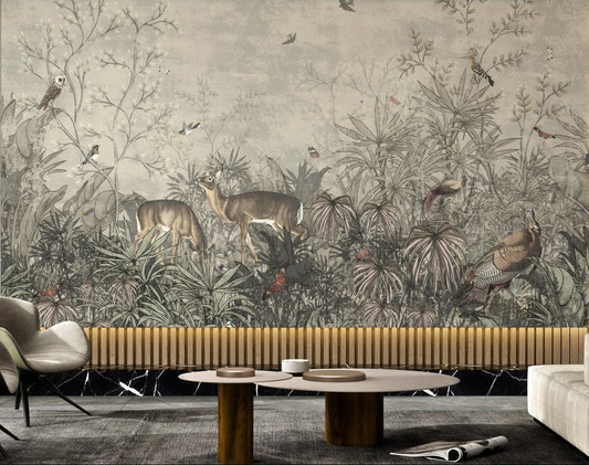 Tropical Plant Turkish Rooster Deer Birds Wall mural in a living room.