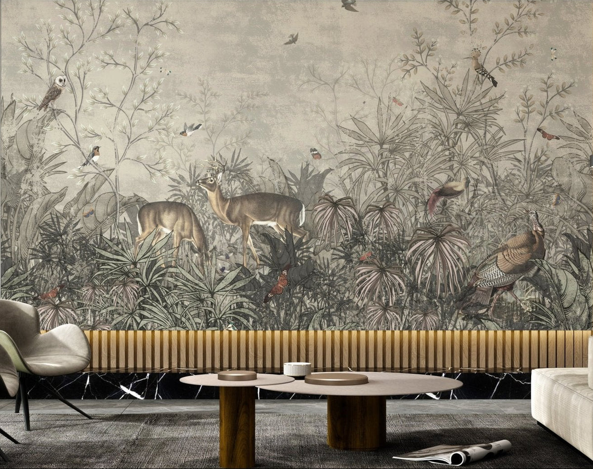 Tropical Plant Turkish Rooster Deer Birds Wall mural in a living room.