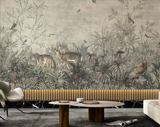 Tropical Plant Turkish Rooster Deer Birds Wall mural in a living room.