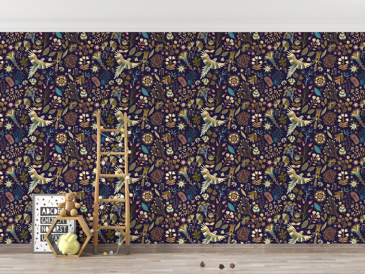 Patterned botanical plants wallpaper in a child’s playroom with wooden toys.