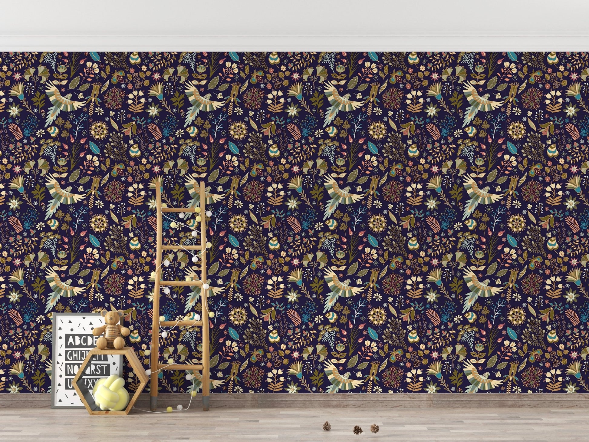 Patterned botanical plants wallpaper in a child’s playroom with wooden toys.