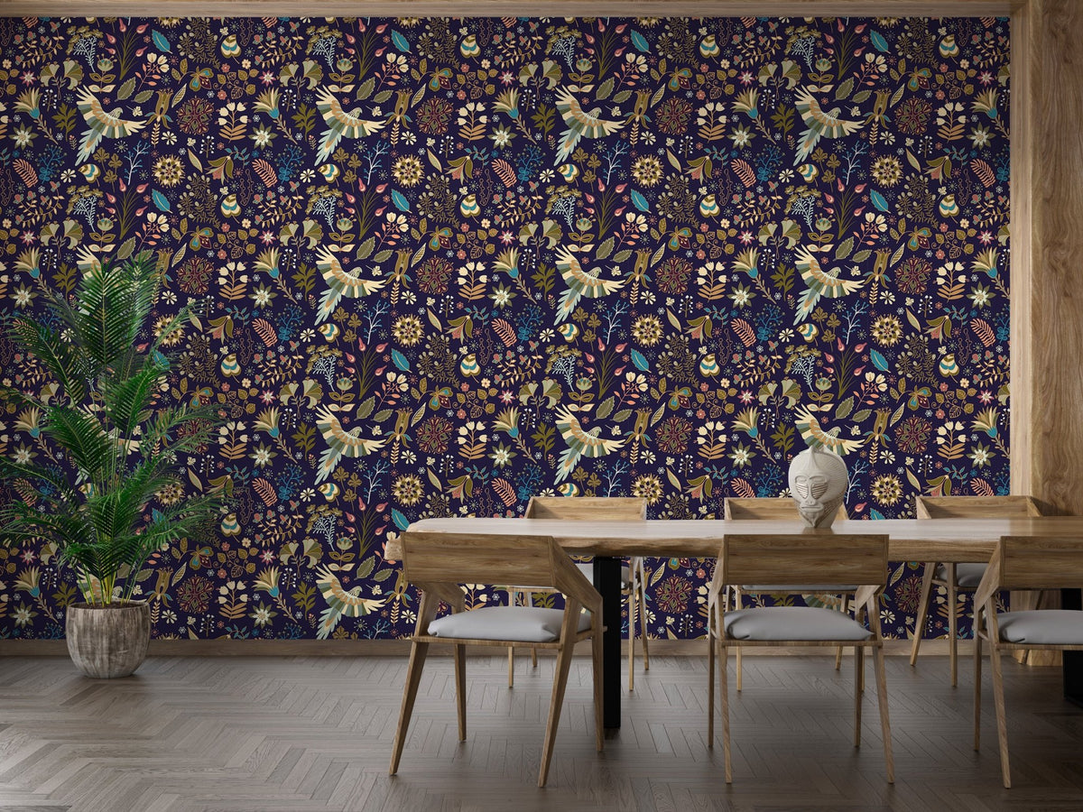 Large scale Tropical Plants Flowers and Birds Colorful Wallpaper in a dining area.
