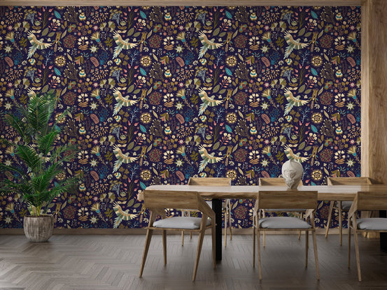 Large scale Tropical Plants Flowers and Birds Colorful Wallpaper in a dining area.