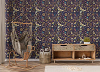 Vibrant nature-themed flowers wallpaper in a minimalist kids room with a hanging chair.