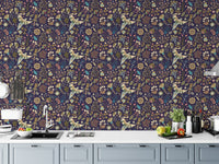 Tropical Plants Flowers and Birds Colorful Wallpaper used for a kitchen backsplash area.