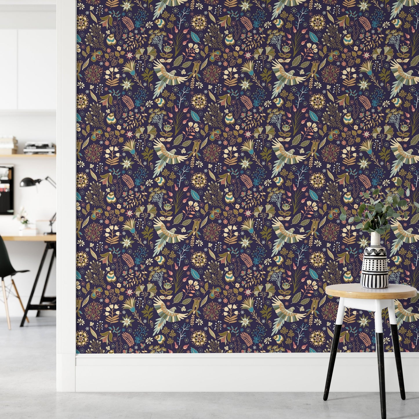 Flower wallpaper featuring exotic birds and dark blue background in a modern flat.