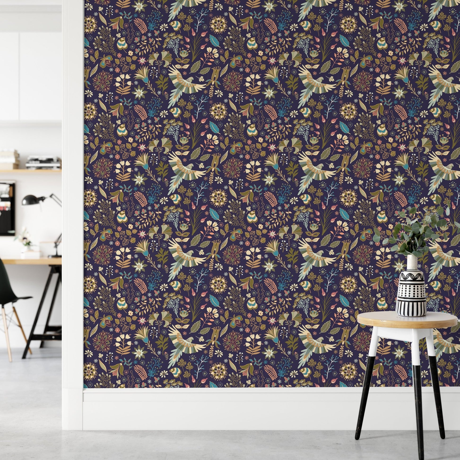 Flower wallpaper featuring exotic birds and dark blue background in a modern flat.