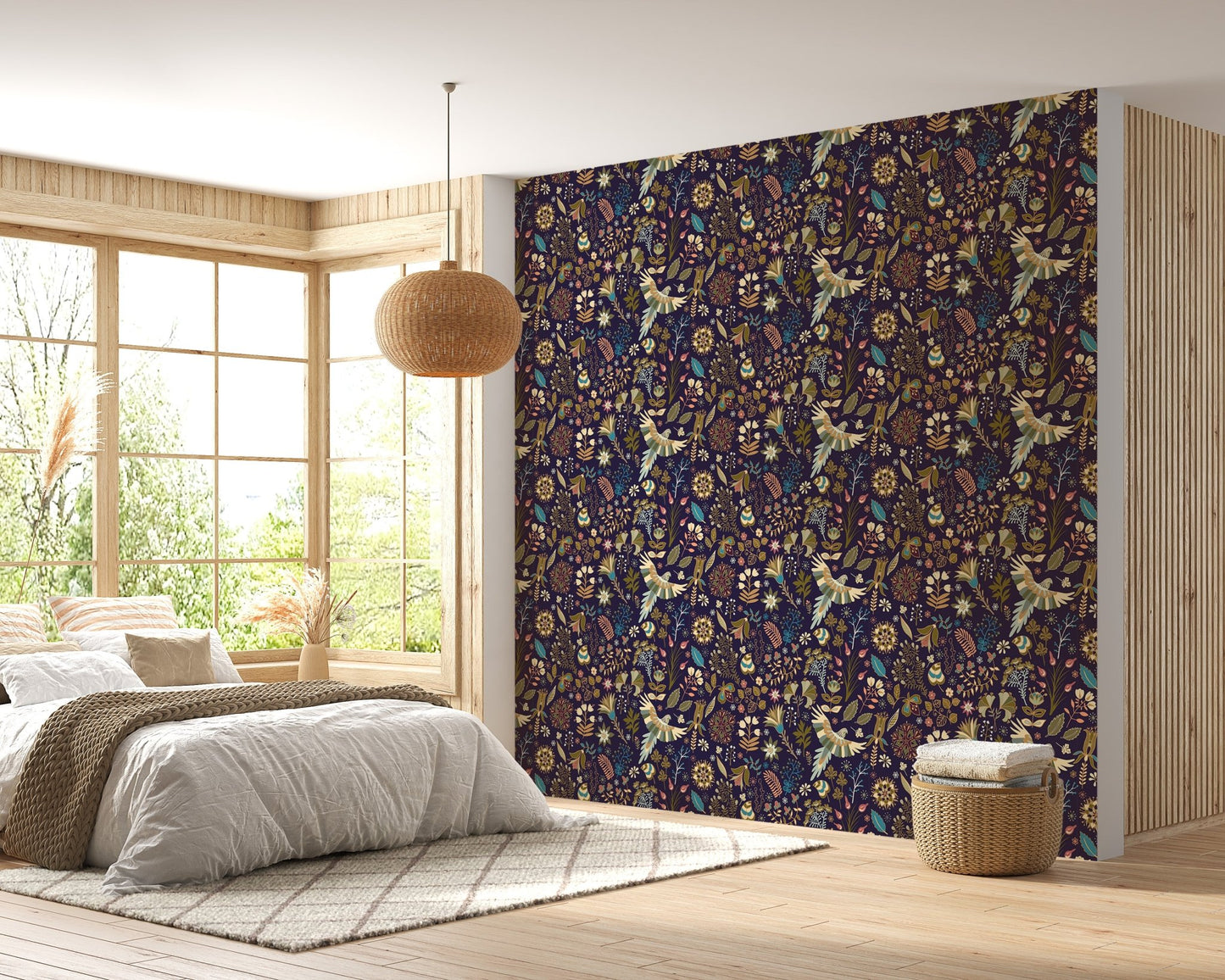 Tropical Plants Flowers and Birds Colorful Wallpaper in bedroom with wooden accents.