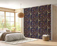Tropical Plants Flowers and Birds Colorful Wallpaper in bedroom with wooden accents.