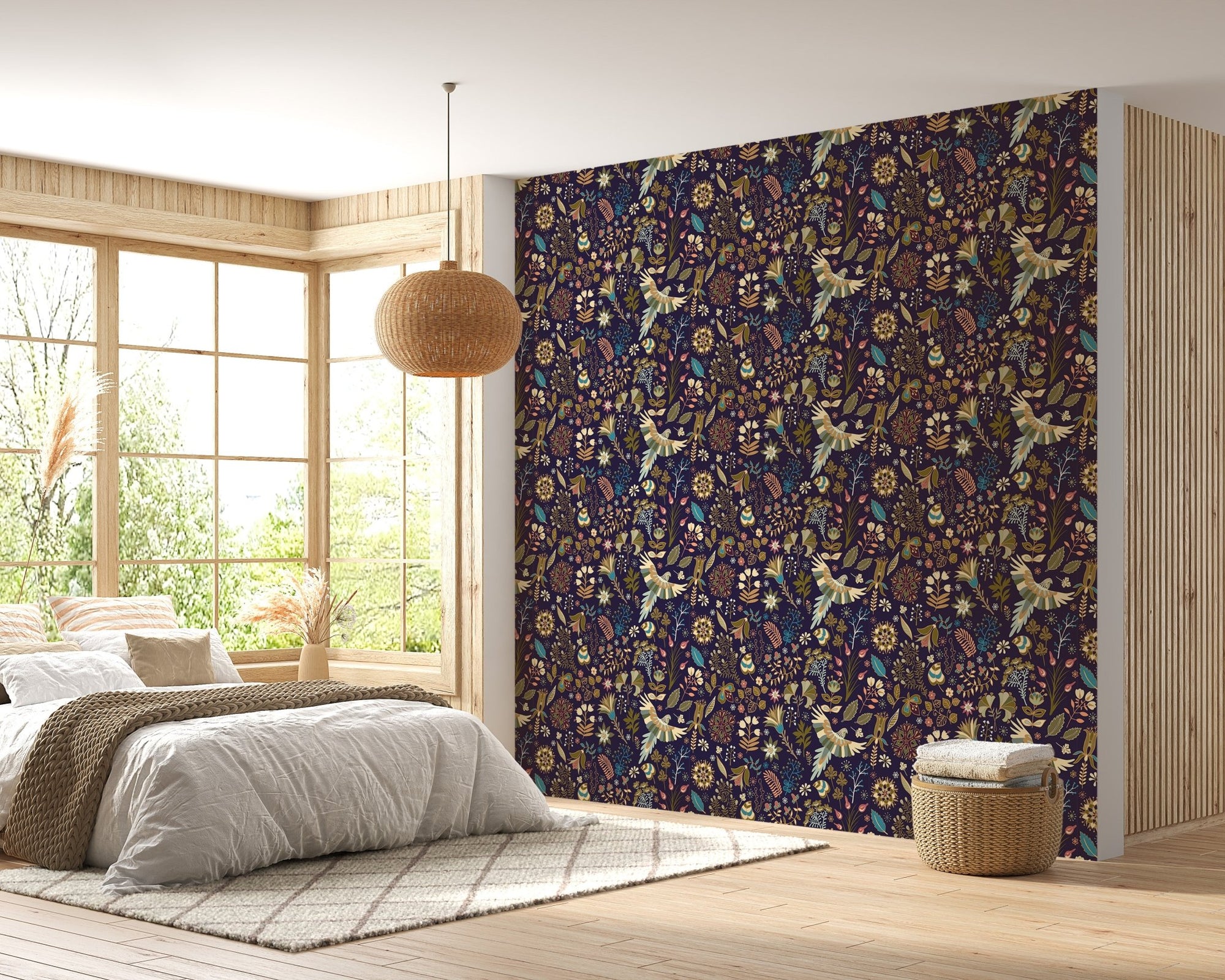 Tropical Plants Flowers and Birds Colorful Wallpaper in bedroom with wooden accents.