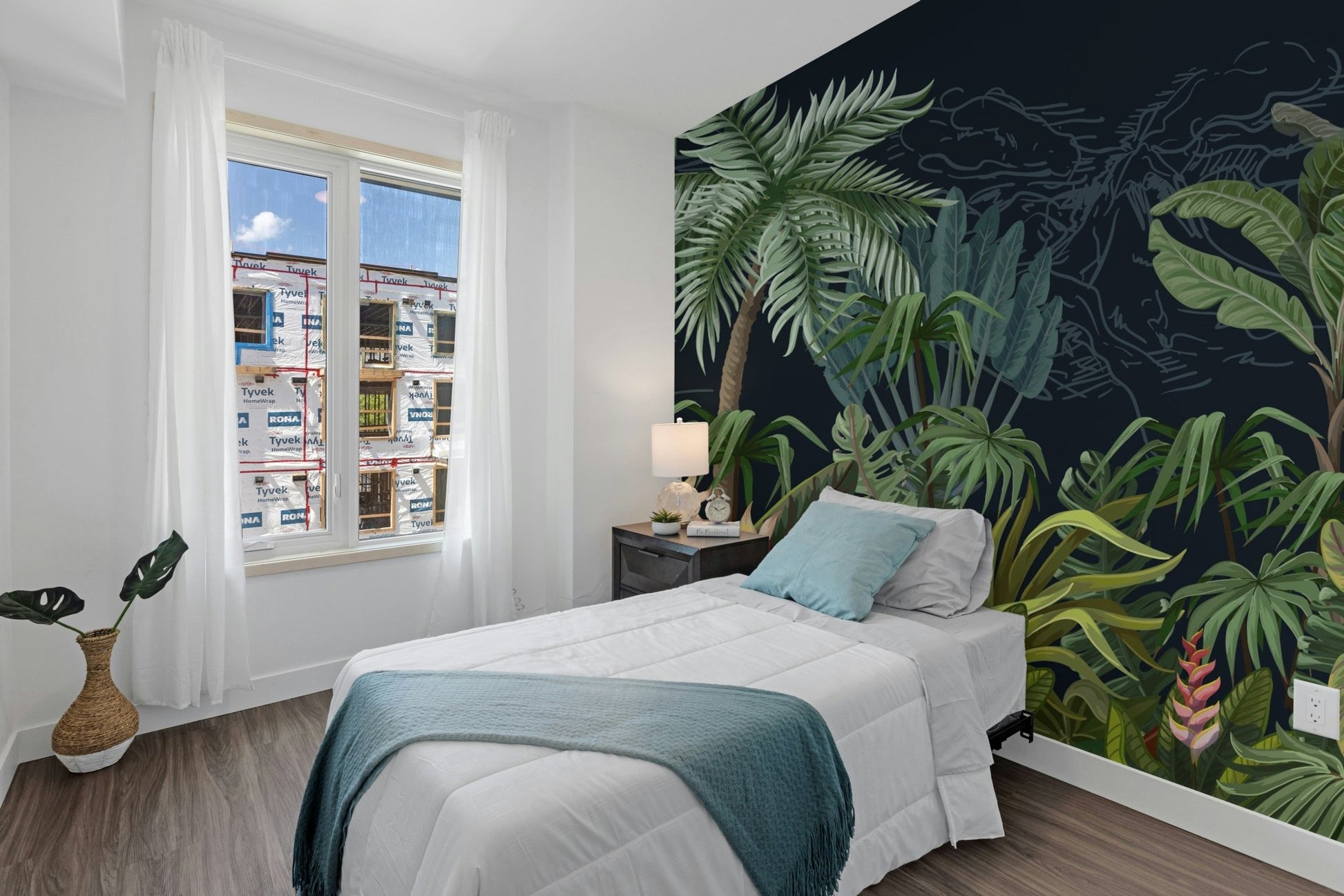 Tropical plants view wall mural for exotic bedroom decor.