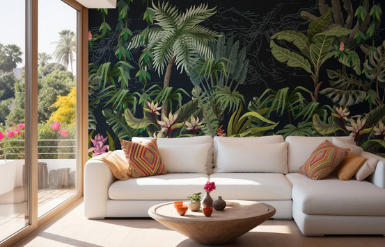 Bright living room with floor to ceiling windows and tropical palm leaf wall mural.