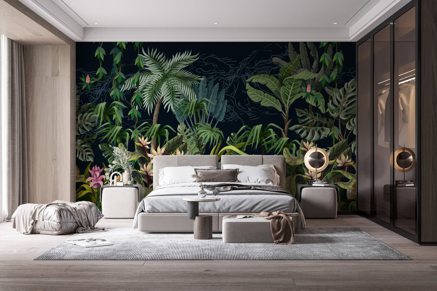 Luxury suite with king bed and Tropical Plants View Mural on feature wall.