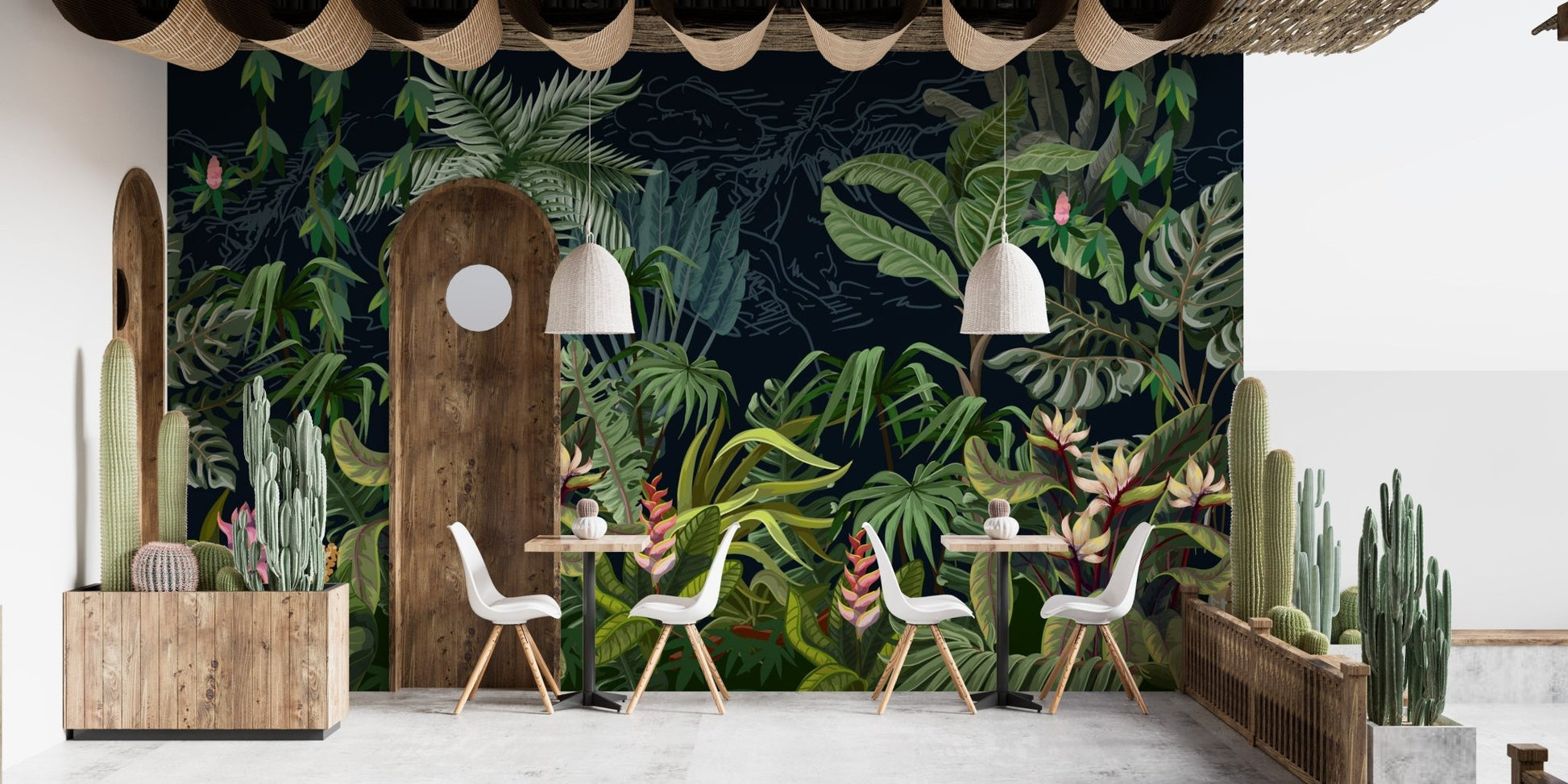 Dining area with wooden furniture and Tropical Plants View Wall Murals background.