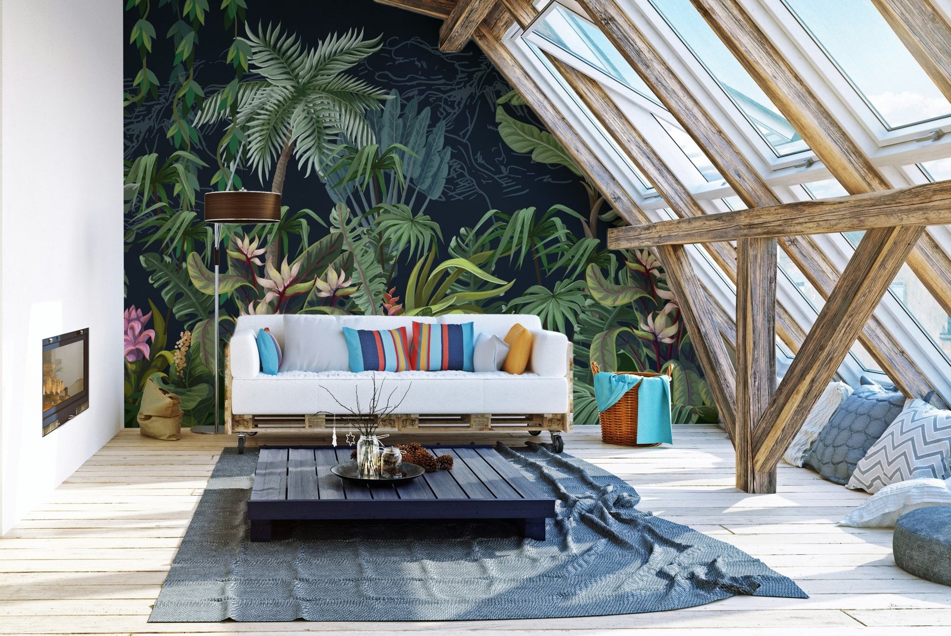 Attic living space featuring dark tropical wall mural under wooden roof beams.