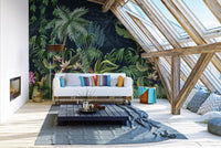 Attic living space featuring dark tropical wall mural under wooden roof beams.