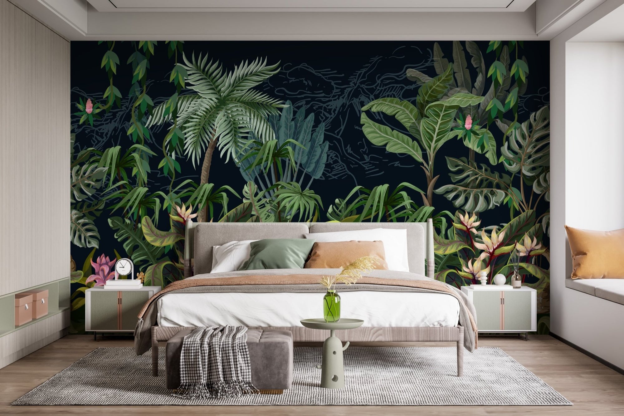 Modern bedroom featuring Tropical Plants View Wall Murals with green palm leaves.