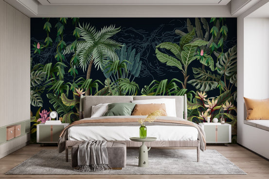 Modern bedroom featuring Tropical Plants View Wall Murals with green palm leaves.