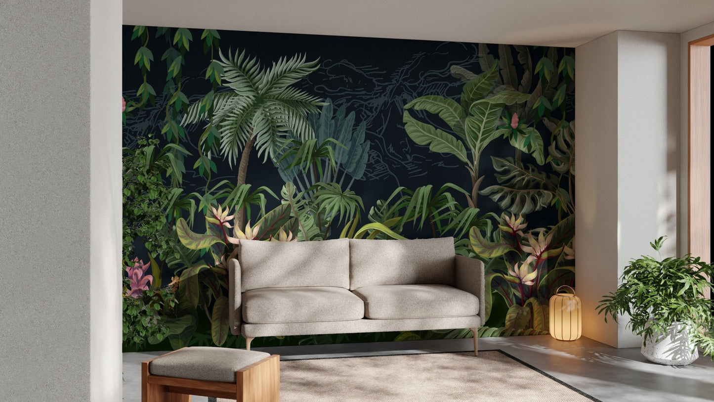 Minimalist living area showing lush botanical plats wall mural behind a neutral sofa.