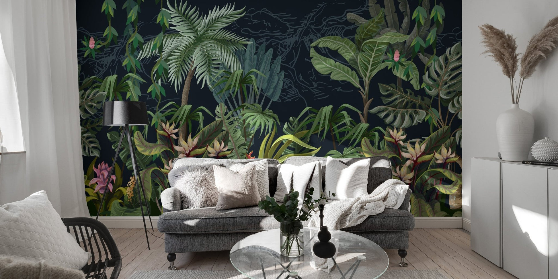 Grey sofa set against a dense green tropical rainforest wall mural in a modern home.
