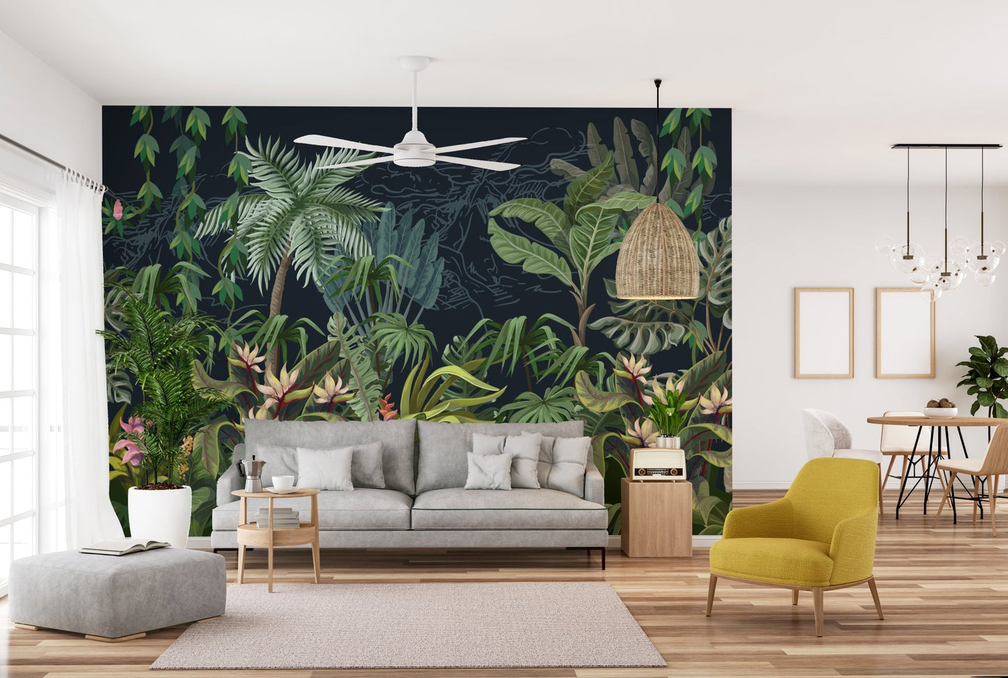 Spacious living area with Tropical Plants View Wall Mural and yellow accent chair.
