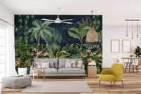 Spacious living area with Tropical Plants View Wall Mural and yellow accent chair.