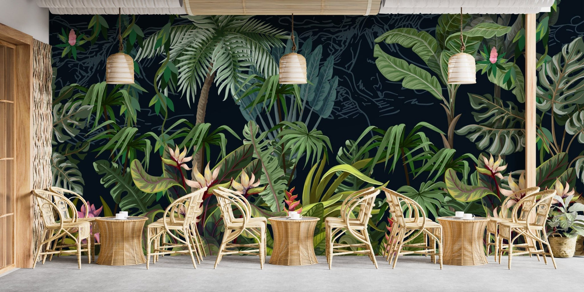 Restaurant seating area with large scale tropical jungle wall mural and pendant lighting.