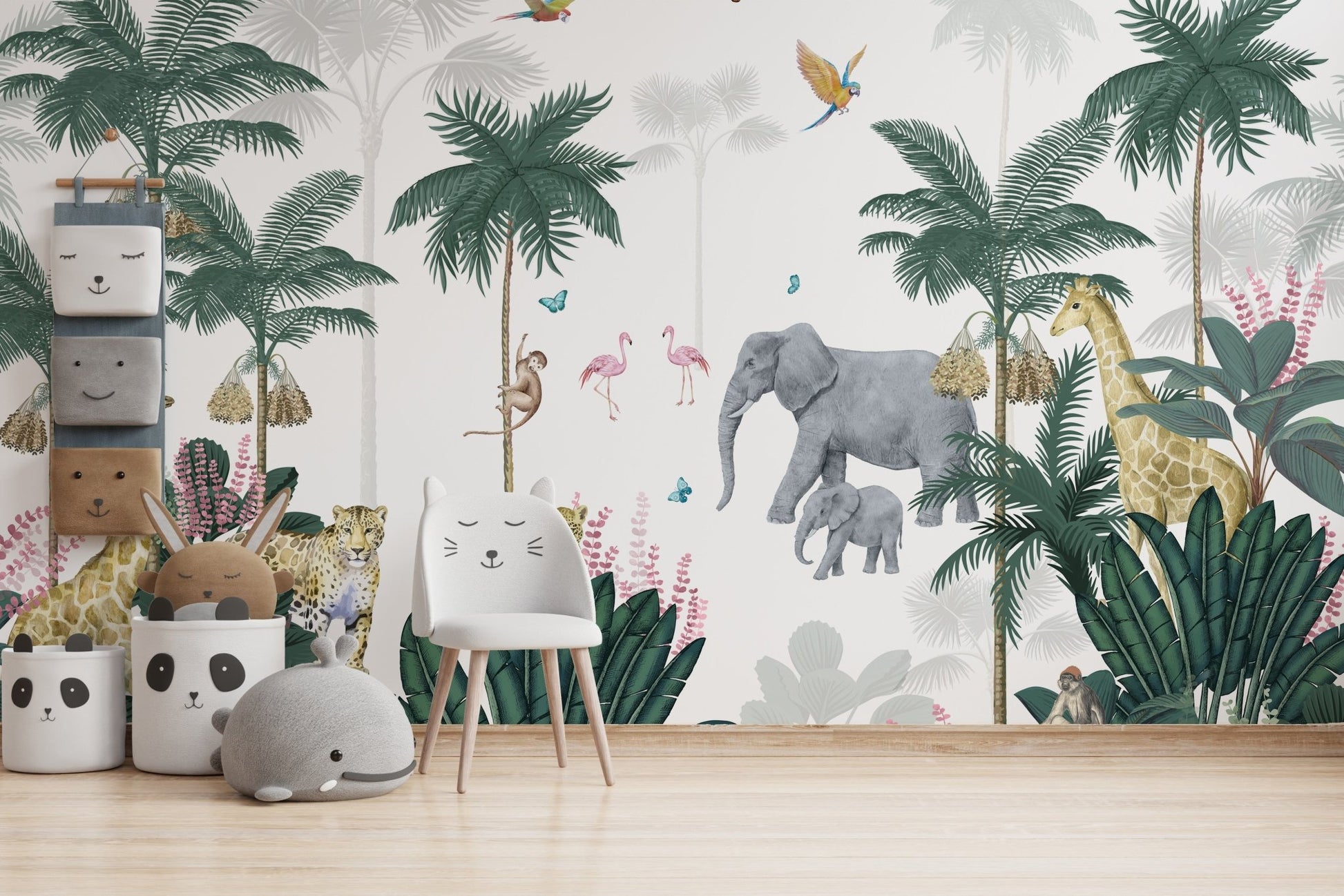 Fun safari wall mural with tropical plants and animals in children's room.

