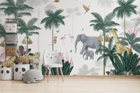Fun safari wall mural with tropical plants and animals in children's room.

