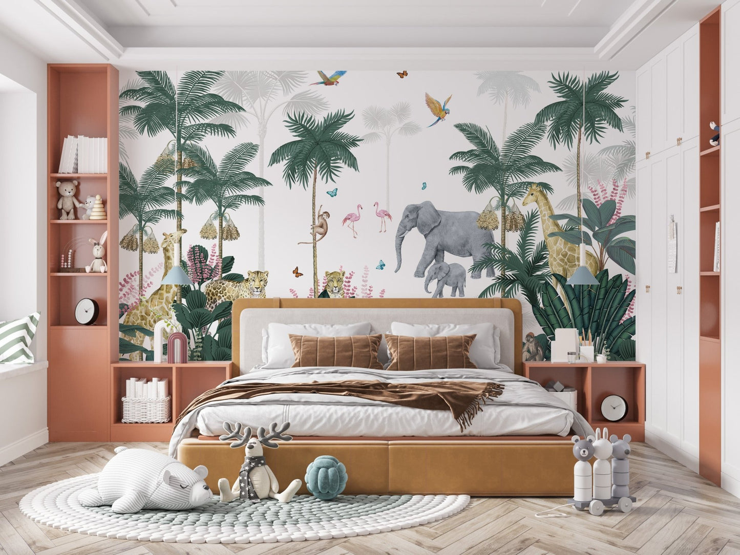 Safari-themed mural with jungle animals and palm trees in master bedroom.
