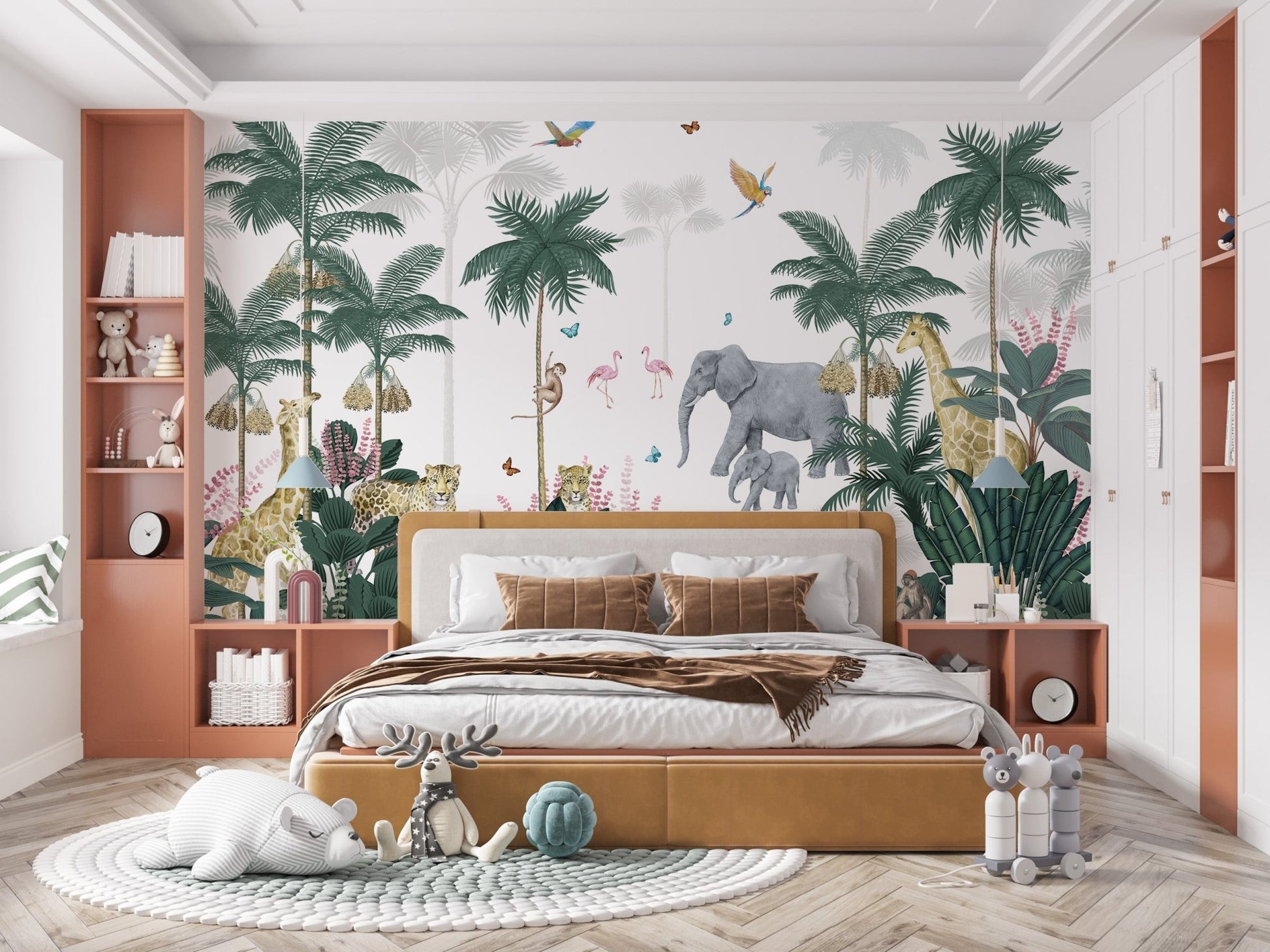 Safari-themed mural with jungle animals and palm trees in master bedroom.
