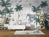 Lush green safari mural with elephants and zebras in children's room.
